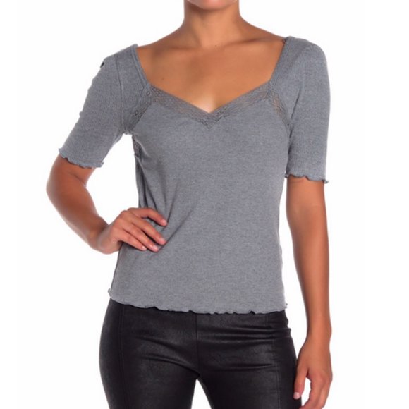 FREE PEOPLE GRAY ELBOW SLEEVE LACE TRIM SWEETHEART NECK MARGAUX TOP - Picture 1 of 4